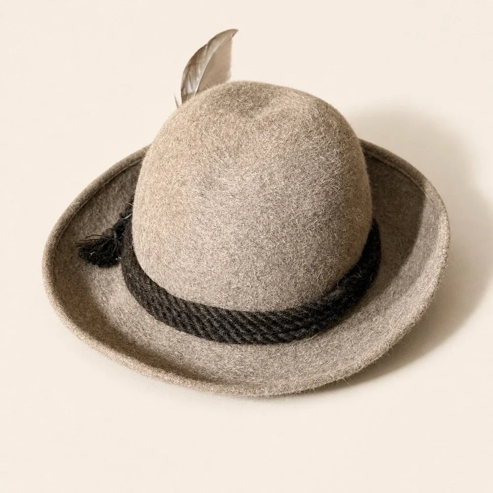 Muhlbauer Wien Wool Felt Hat Taupe Alpine Tyrolean Feather‎ Vintage